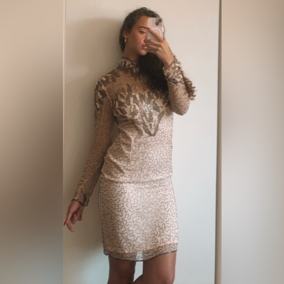 Vintage 70s Beaded Embroidered Sheer Long Sleeve Open Back Cocktail Party Dress - Picture 15 of 17